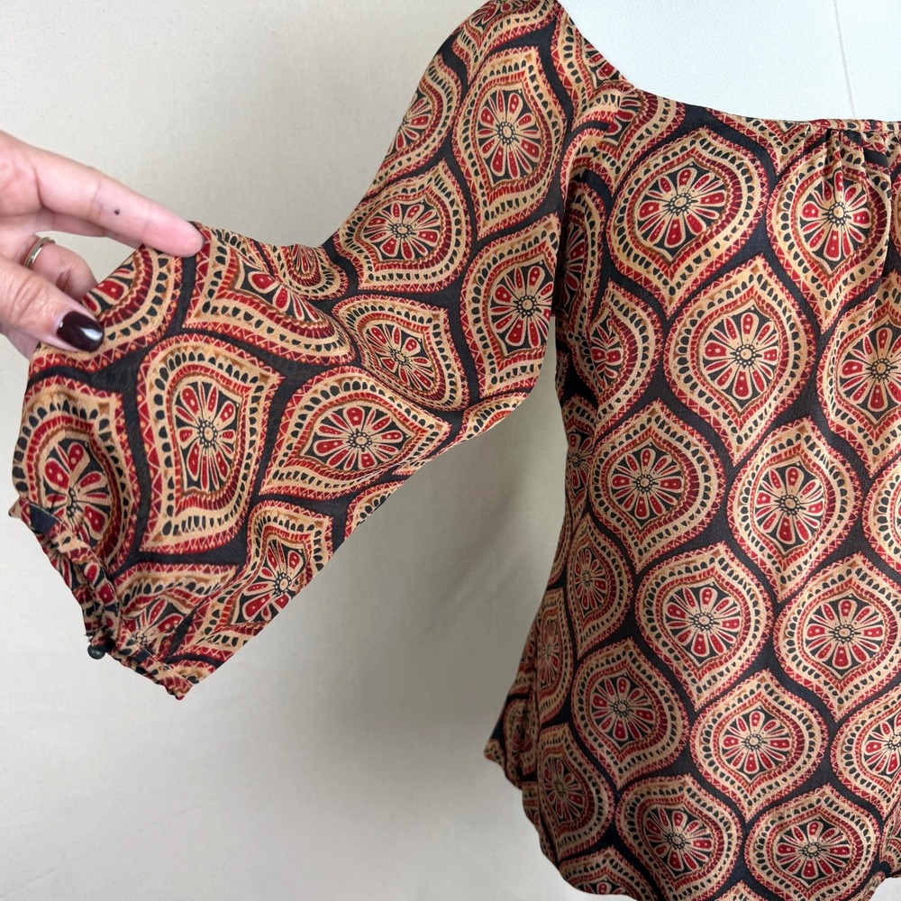 Nougat London Silk Boho Luxe Art Girl Blouse Medallion Print Top Small - Picture 3 of 8